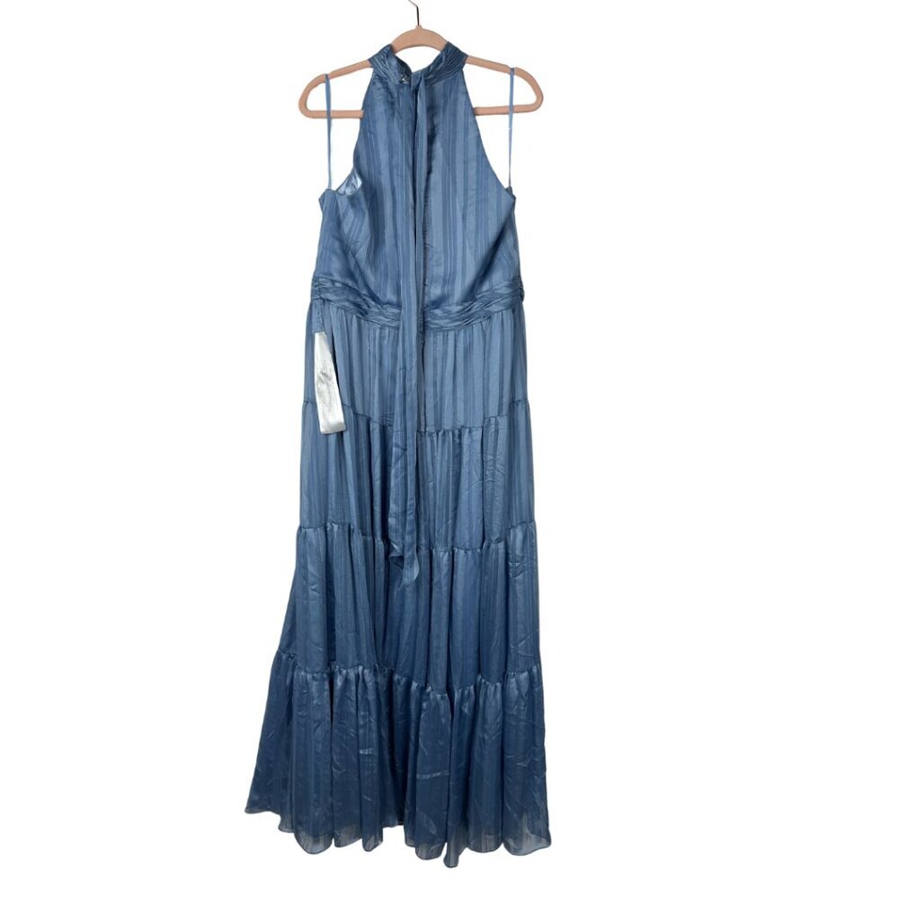 MAC DUGGAL Tie Neck Halter Tiered Gown Slate Blue 14 #A0092 - Picture 5 of 8